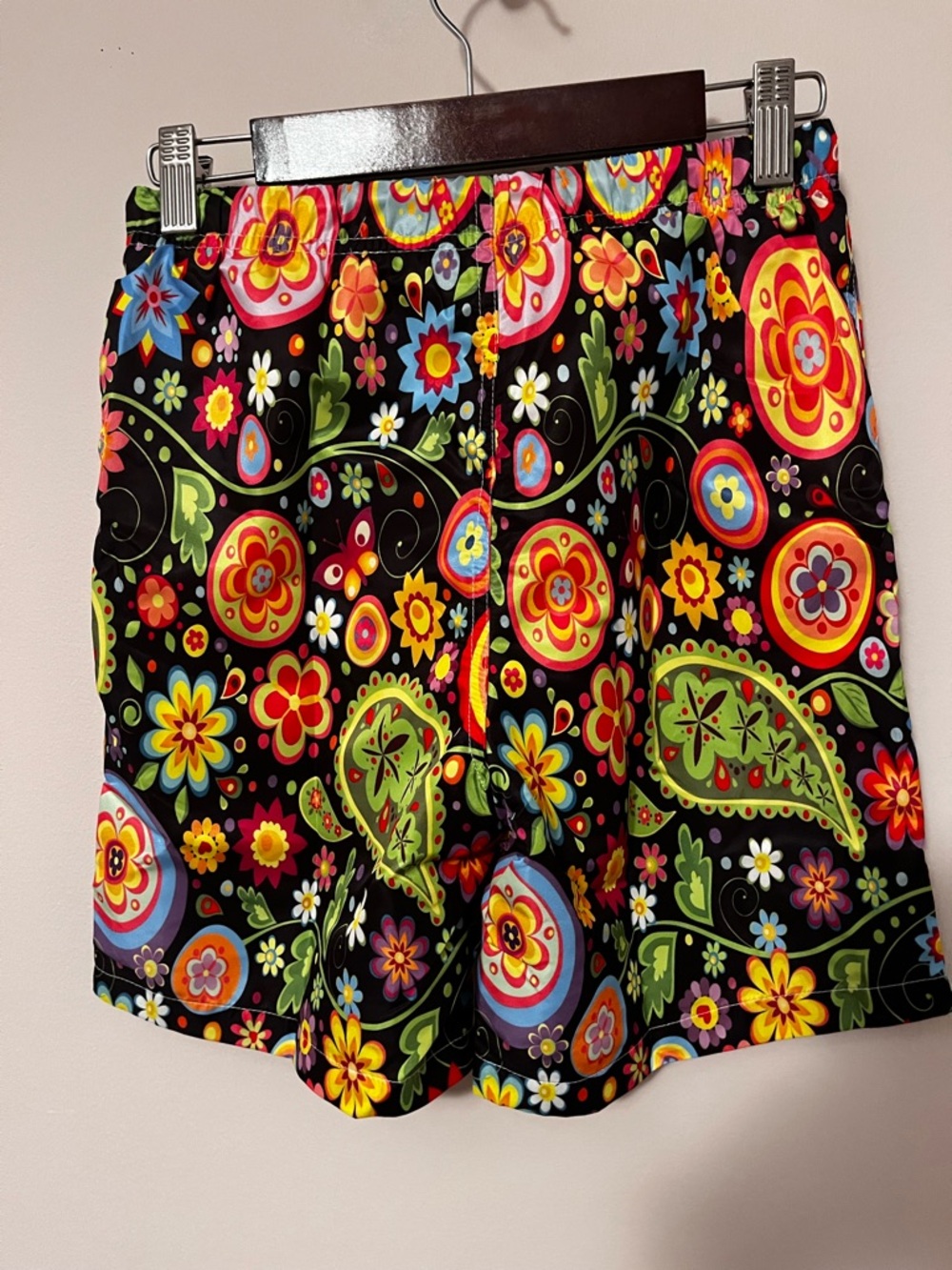 Men's Black Floral Paisley Swim Trunks with Drawstring